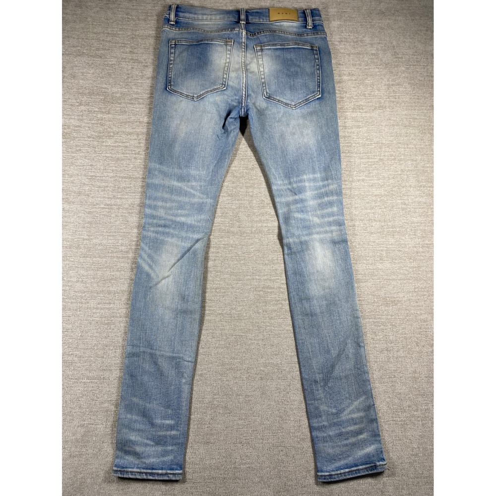 MNML M14 Stretch Denim Jeans Men 31 Light Blue Distressed Rhinestone Backing - Picture 2 of 8
